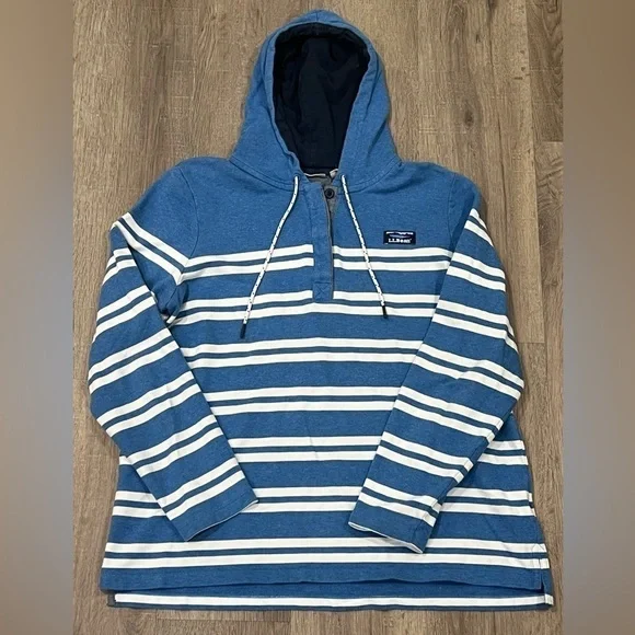 Men’s L.L. Bean XL Nautical Half Button Pullover Sweater Navy Hooded Soft Cotton - Picture 6 of 8